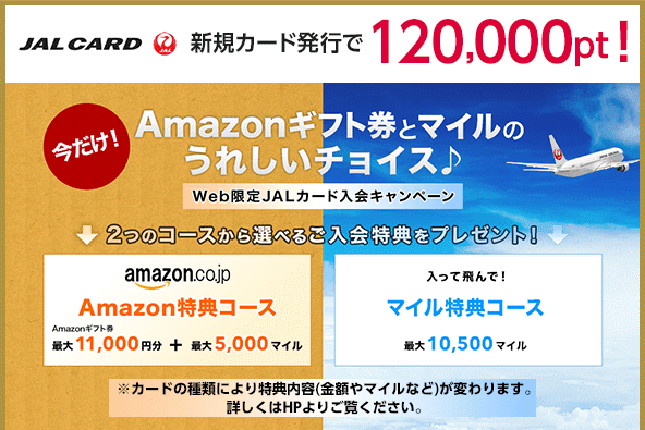 JAL CARD新規カード発行で120,000pt!